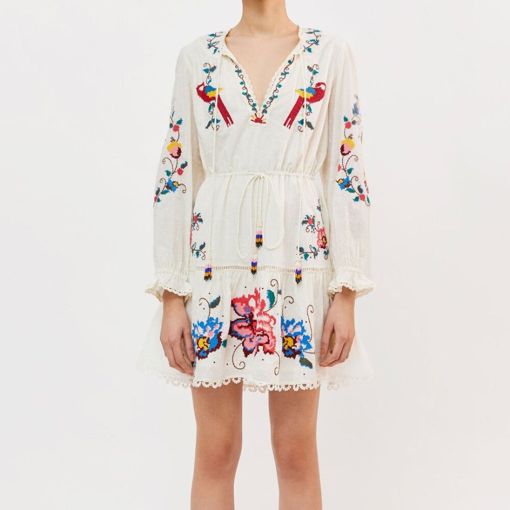 NWT Farm Rio Macaw Cross Stitch Embroidered Mini Dress - Size Medium